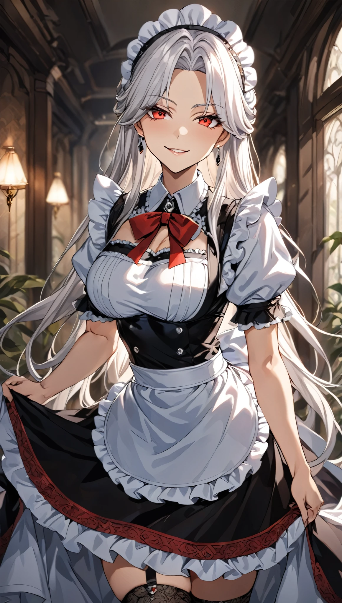 "4k, masterpiece, best quality, (detailed face and eyes_1.4), (Irisviel Von Einzbern), (Fate/Zero), detailed skin, cowboy shot, detailed, 1girl, 27 years old, mature body, big breasts, solo, white hair, red eyes, long hair, loose hair, mole under left eye, hair covering right eye, small smile, steam coming out of mouth, parted lips, highly detailed and elaborate maid outfit, black and white dress, lace trim, frills, apron with bow, fitted bodice, puffed sleeves, layered skirt, thigh-high stockings, villain smile, red choker, tempting smile, tempting eyes, black gem earrings, anime style, standing in a modern, softly lit interior, focus on character, blurred background."
