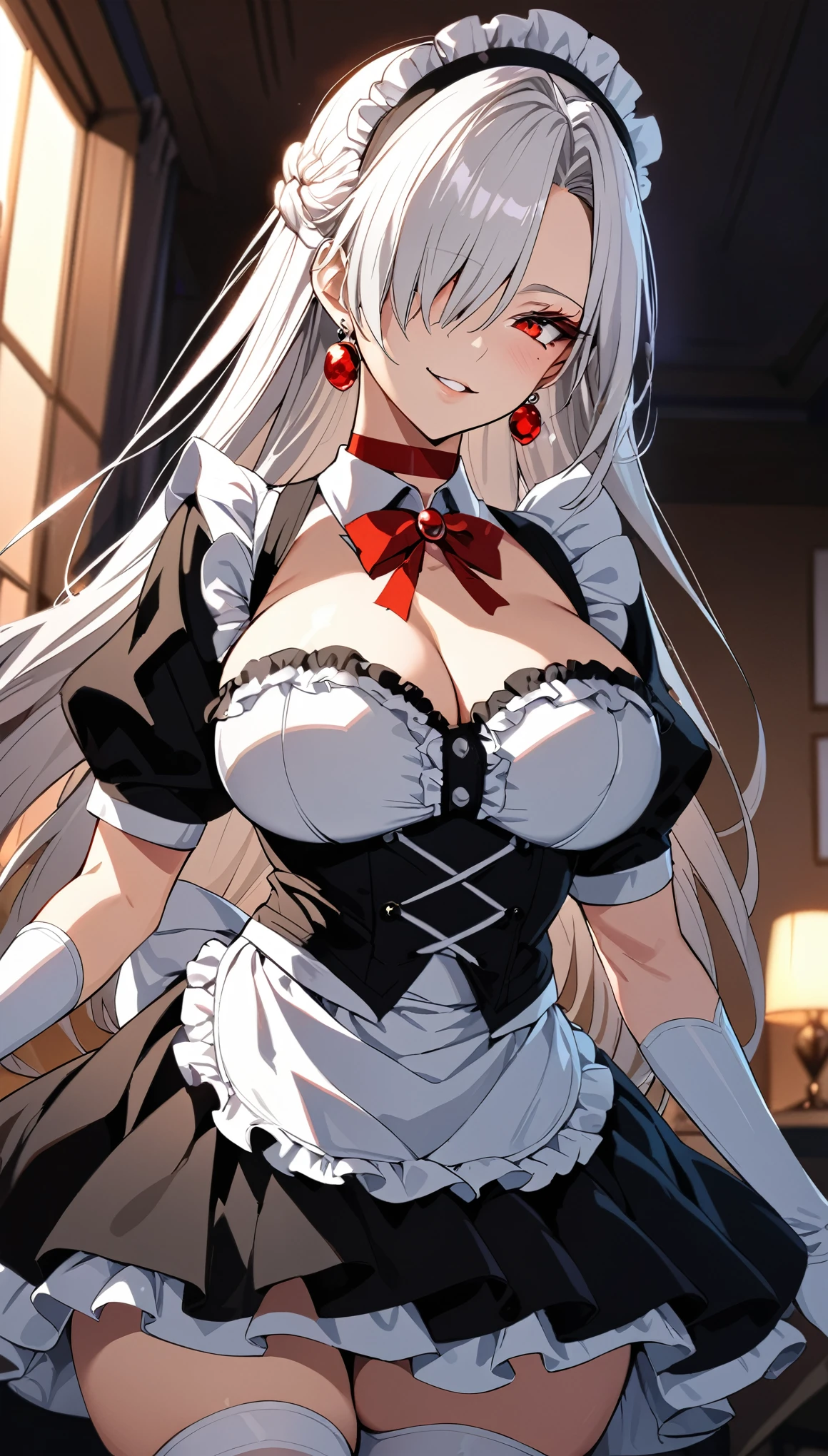 "4k, masterpiece, best quality, (detailed face and eyes_1.4), (Irisviel Von Einzbern), (Fate/Zero), detailed skin, cowboy shot, detailed, 1girl, 27 years old, mature body, big breasts, solo, white hair, red eyes, long hair, loose hair, mole under left eye, hair covering right eye, small smile, steam coming out of mouth, parted lips, highly detailed and elaborate maid outfit, black and white dress, lace trim, frills, apron with bow, fitted bodice, puffed sleeves, layered skirt, thigh-high stockings, villain smile, red choker, tempting smile, tempting eyes, black gem earrings, anime style, standing in a modern, softly lit interior, focus on character, blurred background."

