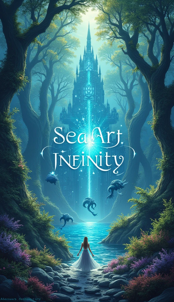 Design an enchanting fantasy-themed poster with ('SeaArt Infinity') as the title and the word ('Fantasy') below. The background should include mystical creatures, ancient forests, and magical elements like glowing runes or enchanted castles, all in rich, vibrant colors.