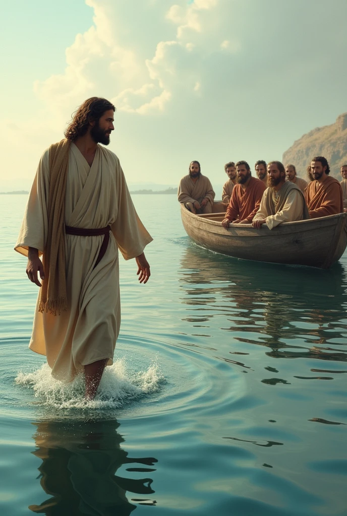 A vivid image of peter walking on water with 15 men on a boat behind him and Jesus infront of him