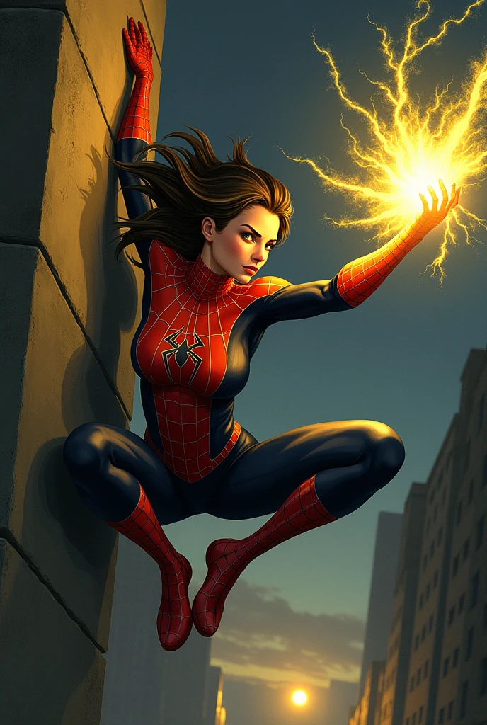 Jessica Drew Hanging from the wall by one webbed hand while the other releases a burst of yellow energy shocks, looking at the horizon at night