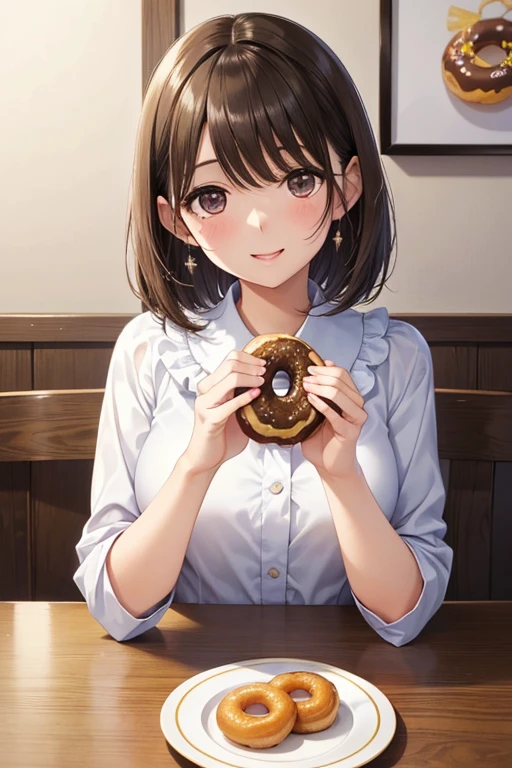 anegasaki nene、Shiny brown hair, short hair, (Beautiful brown eyes、Sparkling eyes, Fine grain)、smile、Ultra-detailed eyes、Highly detailed face, Highly detailed eyes,


Only one female, Sitting at the table, (Holding Donuts) In one hand, taking a big bite, Stylish clothing, (Mature Woman:0.8), / 軽いsmile, (Open your mouth) big, (teeth:0.8), (Masterpiece Top quality:1.2) Delicate illustrations, super detailed,  break  カラフルに装飾された) break (Donut Shop) Pop atmosphere, indoor, (A plate with one donut on it) On the table, Crowded, Detailed Background