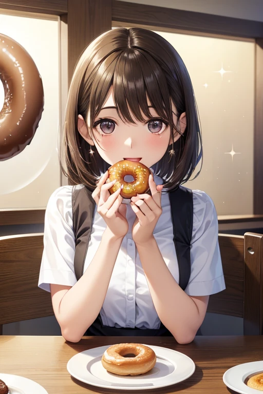 anegasaki nene、Shiny brown hair, short hair, (Beautiful brown eyes、Sparkling eyes, Fine grain)、smile、Ultra-detailed eyes、Highly detailed face, Highly detailed eyes,
Only one female, Sitting at the table, (Holding Donuts) In one hand, taking a big bite, Stylish clothing, (Mature Woman:0.8), / 軽いsmile, (Open your mouth) big, (teeth:0.8), (Masterpiece Top quality:1.2) Delicate illustrations, super detailed, break カラフルに装飾された) break (Donut Shop) Pop atmosphere, indoor, (A plate with one donut on it) On the table, Crowded, Detailed Background