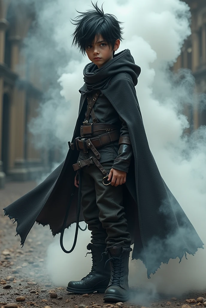 A half demon Black hair Boy Bright eyes A cloak down to his feet And a battle lasso Black boots And the power of smoke 