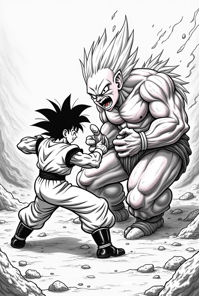 Goku fighting with Majin Buu manga style black and white colors