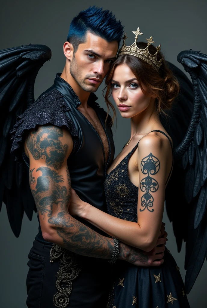 A couple together as a portrait photo showing them together and close like a night court king and his queen.
The man has short blue-black hair, like the feathers of a crow, wears a crown of powerful black stars, violet eyes with silver flecks like starlight. He has tanned skin, He also has tattoos decorating his arms and muscular chest. He has tattoos on both knees of mountains with 3 stars on top., representing that he will bow to nothing and no one but his crown. He has giant membranous wings, like a bat's. they are smooth and smeared with a hint of iridescence. He wears rich clothes, covered in spirals of night: an ebony tunic brocade of gold and silver, dark pants and black boots that reach the knees.
Her beauty is legendary, greater than anyone's, He radiates grace and sensual ease, and keeps his composure most of the time.
The woman, next to you is tall, slim and has a strong body, with pale skin, golden brown hair and blue-gray eyes. Despite her thinness, she has always been considerably strong. Your skin has tanned and freckled. She has a beautiful upturned nose, high cheekbones and a soft mouth. She is described as beautiful. His left arm has a tattoo from his hand to his elbow., the tattoo is black with lines and abstract designs. She wears a fancy dress with a cleavage on her breasts, fine fabric reminiscent of moonlight and a crown with moon phases. The two together form a model pose that shows power and confidence..