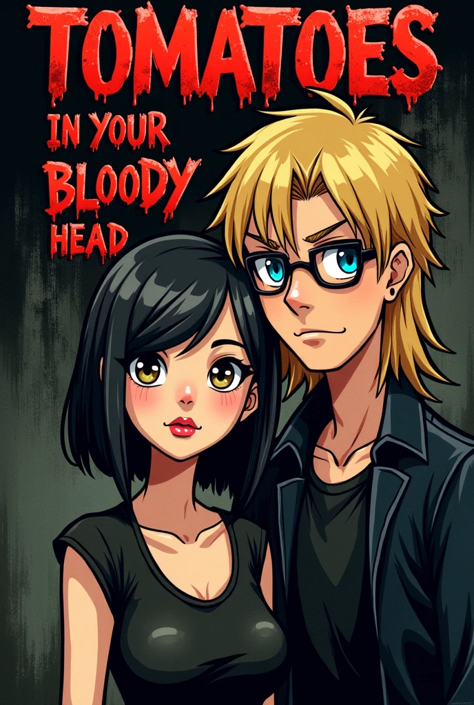 for metal rock band named 'Tomatoes in your Bloody Head', put the nam of the band on the image, with detailed letters. put a brazilian emo girl (with light skin and drak short hair and brown eyes) and a german guy (tall with blonde long hair, blue eyes, wearing glasses) on the imagem. 