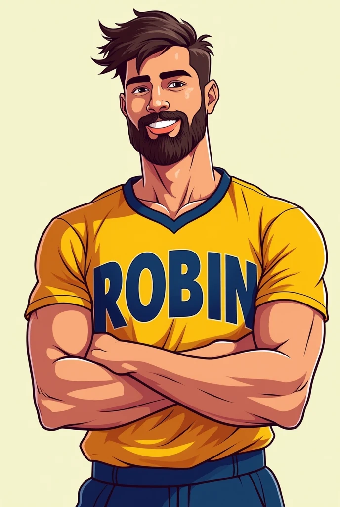 A 23 years age boy with beard
Helathy body
with a jersy cartoon art
His jersy name is ROBIN with big Alphabet 4k