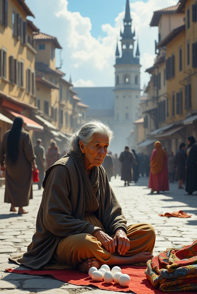An old woman sits selling eggs and some fabrics on the floor of a busy square 

