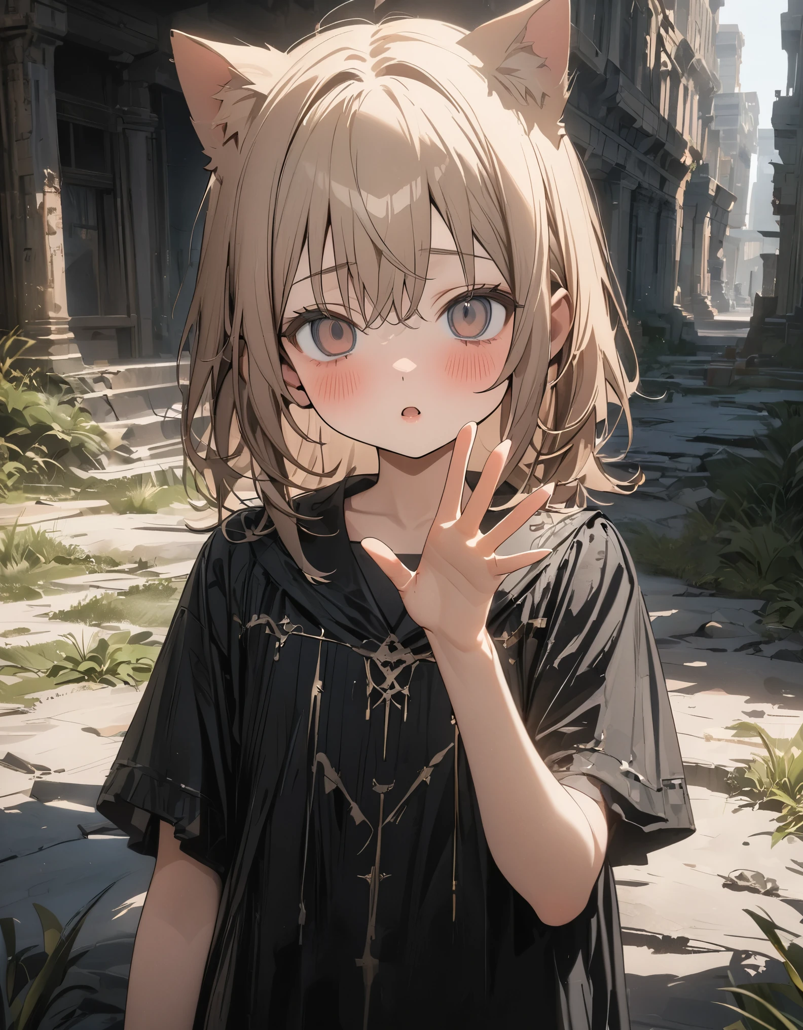 ((Masterpiece)), ((best quality)), ((wide shot)), (super detail:1.2), (High Definition:1.3), ((extremely detailed)), (8K), (Professional Photography:1.2), (very aesthetic:1.2), (absurdres:1.2), (sharp focus), (perfect light), ((kawaii)), (drop shadow), ((1girl)), ((12 years old)), ((Clothes like a pagan guru)), (Cute innocent teenage girl), slendar body, small chest, ((making corna sign with right hand)), very messy medium hair, ((Clothes like a evil black)), blush and sad, open mouth, cat ears, pale brown hair, (vacant eyes), (the Decaying ancient ruins cityscape), Grass is thriving, (Beautiful and clear waterside), (cute cheeks), glossy lips, pouty lips, bags under the eyes, (lower eyelashes), (detailed background:1.2), newest,clear line,