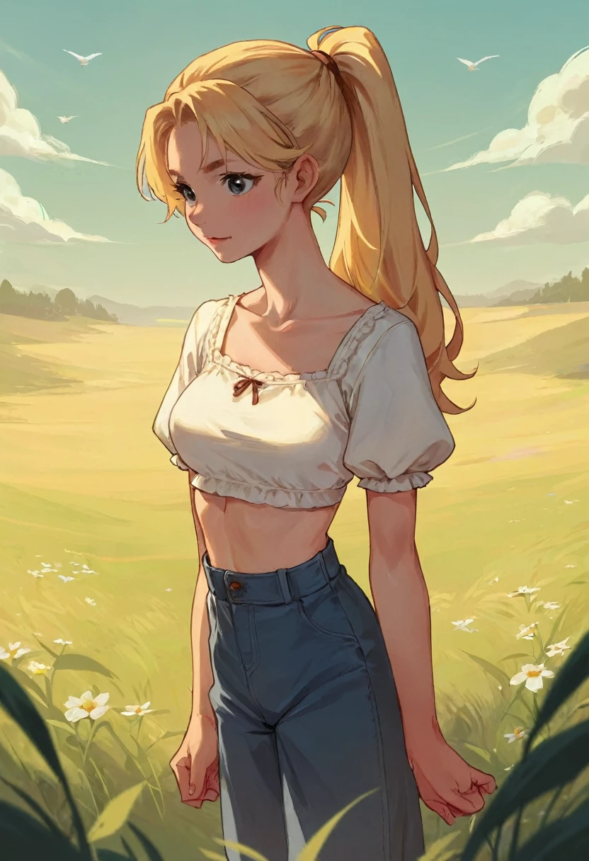 blonde girl, dressed in peasant clothes,young, medium breasts, Skinny body, sexy, blonde hair tied in a ponytail in a field 