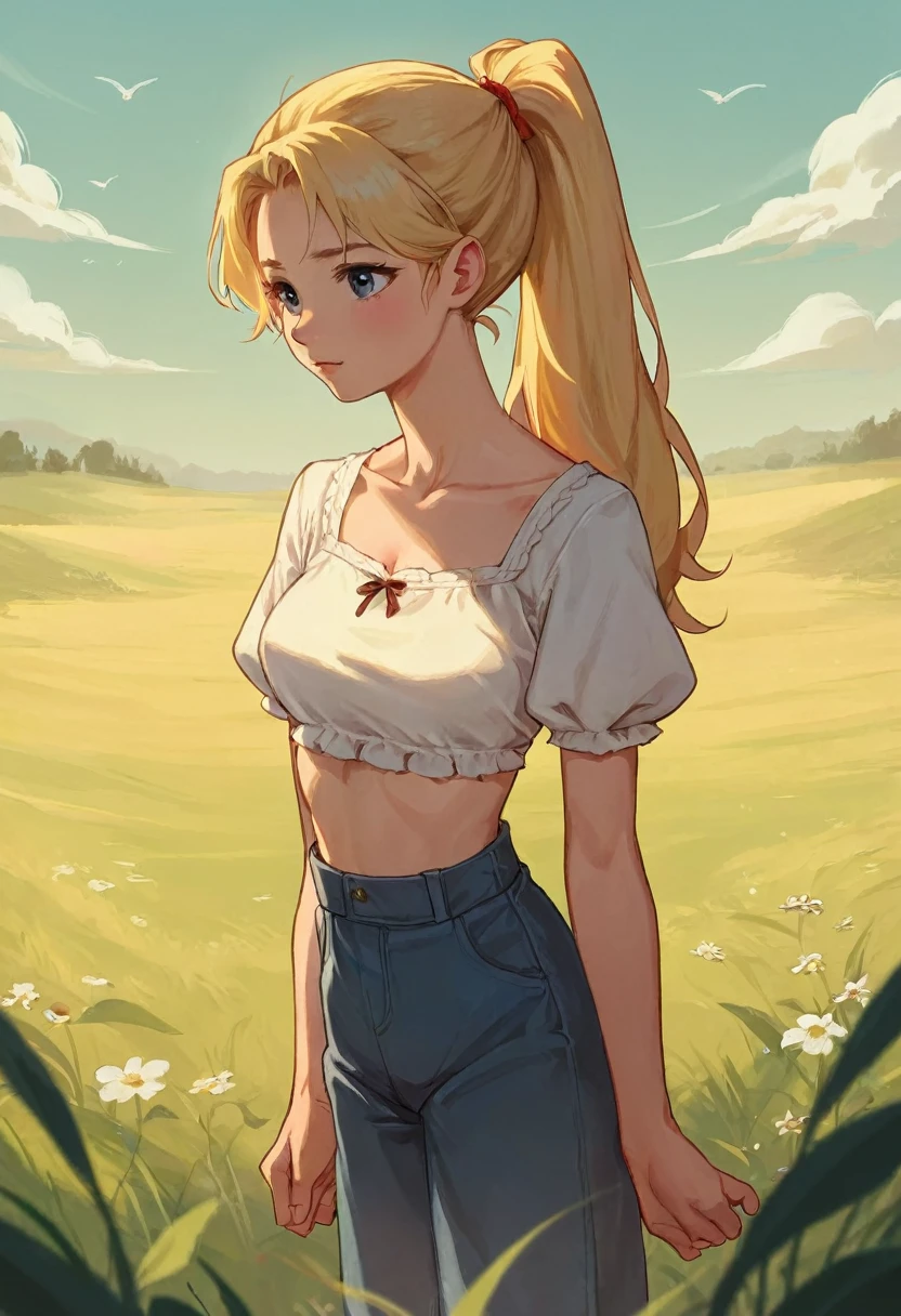 blonde girl, dressed in peasant clothes,young, medium breasts, Skinny body, sexy, blonde hair tied in a ponytail in a field 