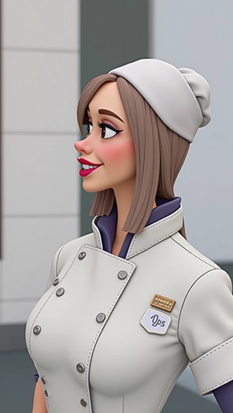 Create a 3d -Pixar style cartoon scene, Where a woman, with straight brown hair, 35 years old, She's cooking dressed as a pastry chef.