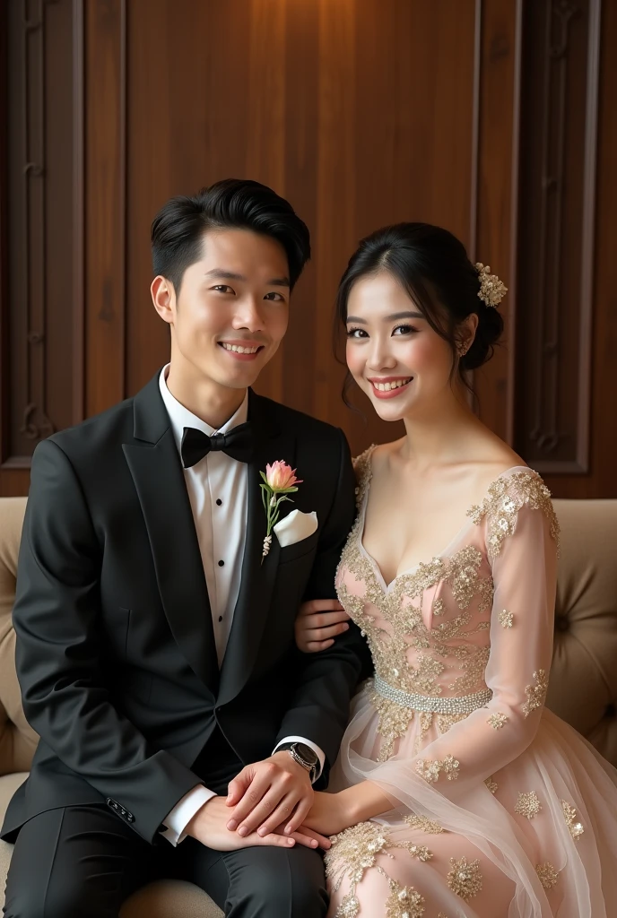 Best quality, masterpiece, High resolution, HD, super sharp face sitting , surreal, beauty, handsome guy without beard, rich asian couple looking at camera,soft and sincere gesture,biocompatible, 22 years old, stately and stylish, high end designer clothes with flower pins, Big smile, talent, trong bữa tối, dance a part de two