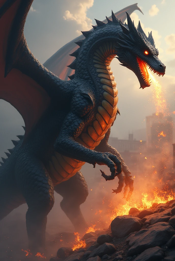 Really big realistic Black dragon holding some TNTs, he is spitting fire and above a building
