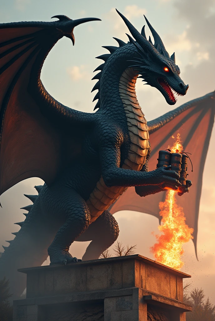 Really big realistic Black dragon holding some TNTs, he is spitting fire and above a building