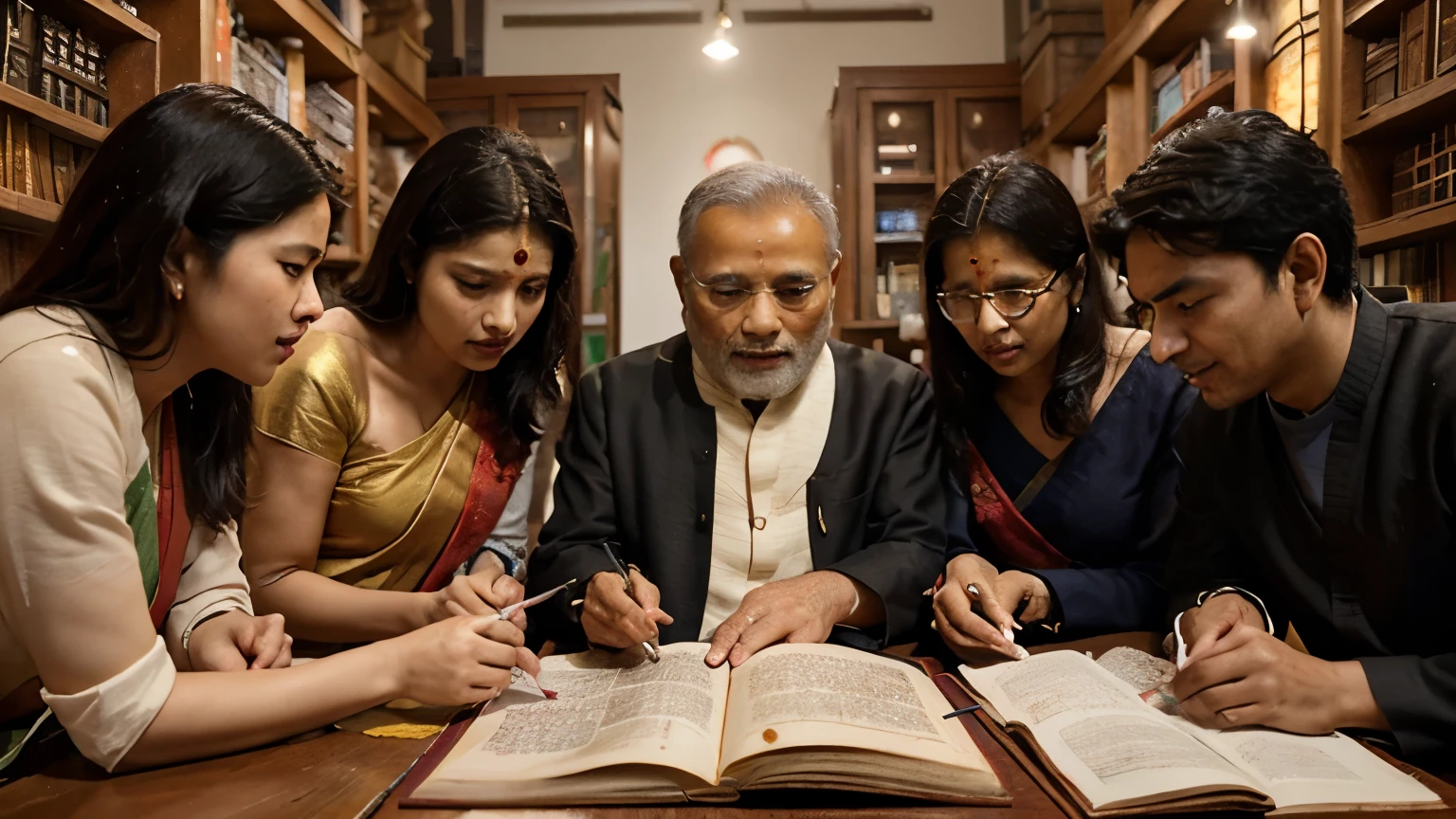 A representation [symbolic of the exchange of technology between China and other civilizations], showcasing (((Chinese sages interacting with Indian scholars))), Persians and Europeans. The scene must include old maps, (((manuscripts and scientific instruments))) shared, with a sense of cooperation and exchange of ideas.