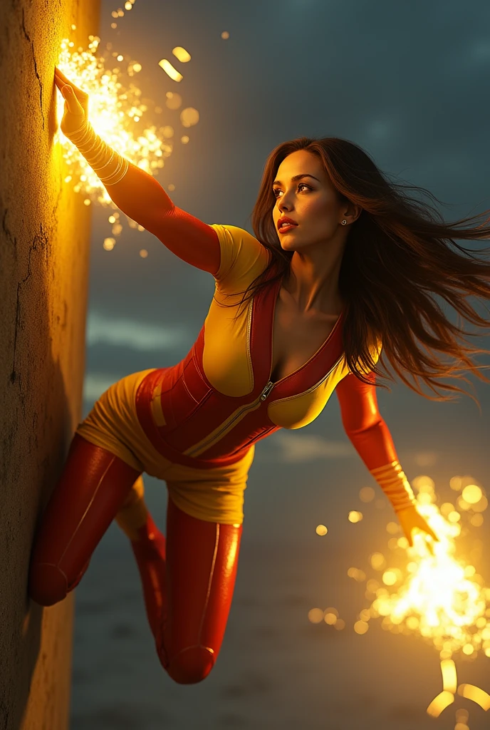 Megan fox hanging from the wall by one webbed hand while the other releases a burst of yellow shock energy beams, looking at the horizon at night, wearing a yellow and red suit 