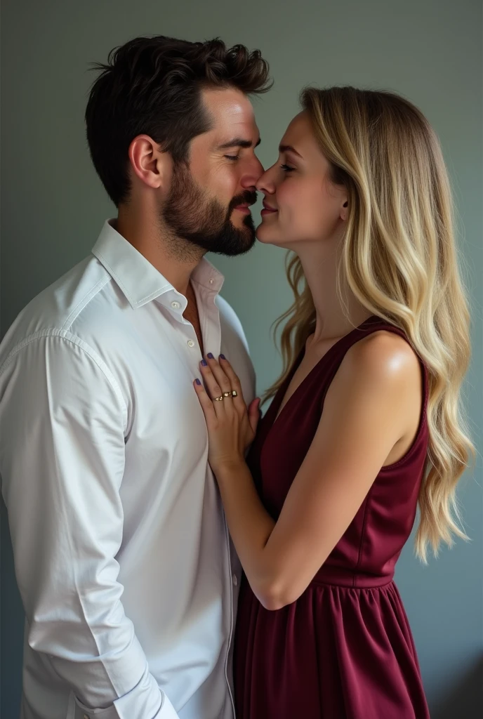 Father and daughter photo, the blue-eyed white man father, stark, with black hair and stubble, dressed in a white dress shirt and his 19-year-old daughter, blue eyed blonde in dark red dress, giving dad a kiss on the cheek
