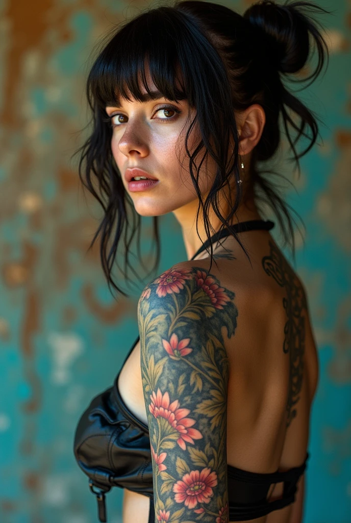 A beautiful woman covered head to toe in colorful tattoos, full body shot, illustration style by Klimt and Miro, 3/4 rear view looking back over her shoulder, Celtic motifs, ultra hd, realistic, vivid colors, highly detailed, UHD photo, pen and ink, perfect composition, beautiful detailed intricate insanely detailed octane render trending on artstation, 8k artistic photography, photo-realistic concept art, soft natural volumetric cinematic perfect light