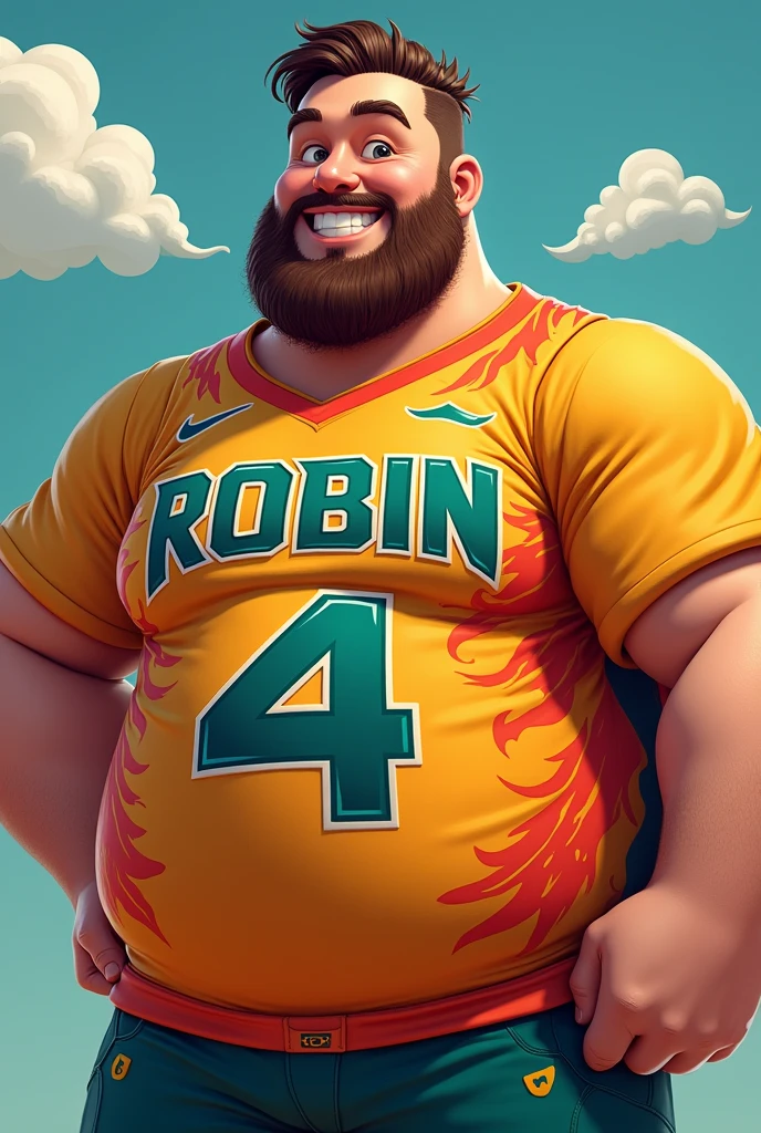 A 23 years age boy with beard
Chubby body
with a jersy cartoon art
His jersy name is ROBIN with big Alphabet 4k
