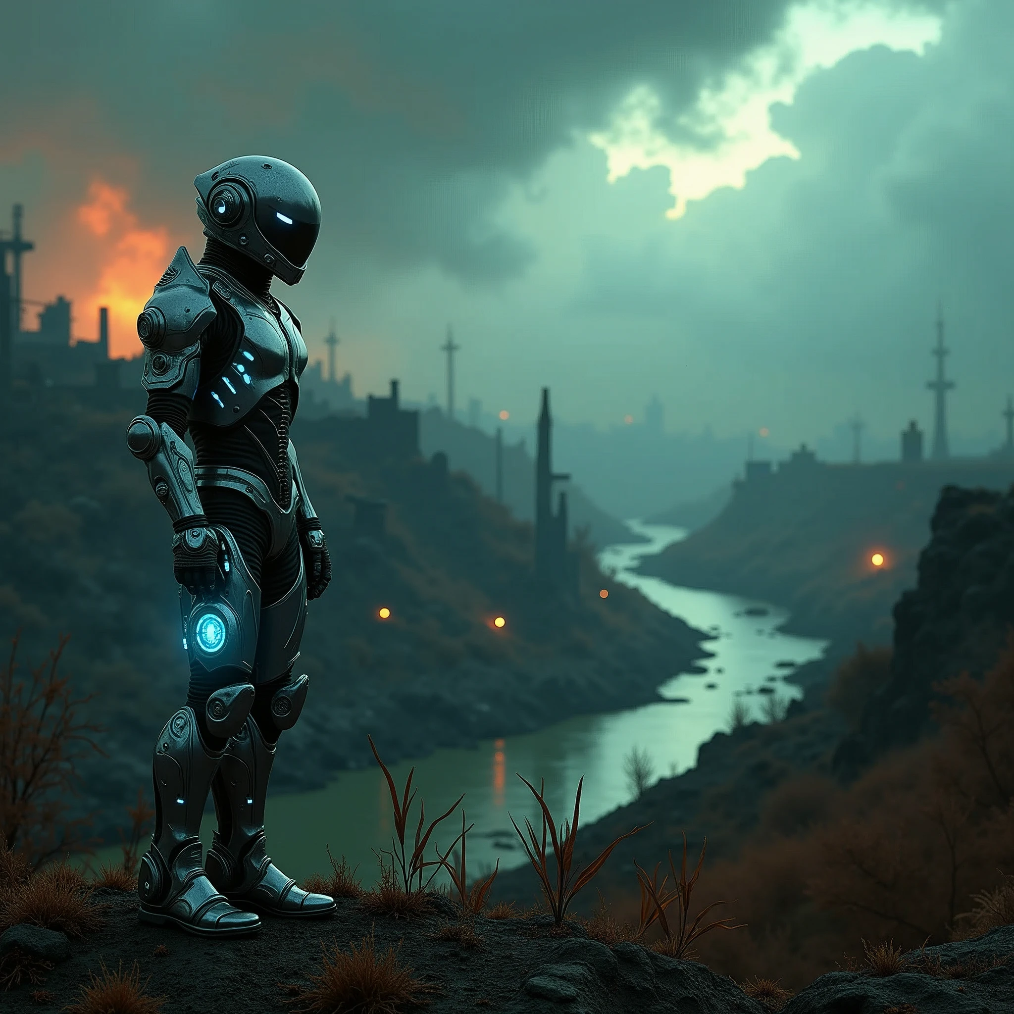 (obra maestra:1.2), (mejor calidad:1.2), 8K, hdr, ultra detallado, ((Fotorrealista)), luz profesional, iluminación cinematográfica, fotografía de moda, iluminación ambiental, fondo,A futuristic traveler from another galaxy standing in a post-apocalyptic Earth devastated by nuclear war. The traveler wears a shiny, advanced metallic suit with glowing lights and a partially covered face with bright, sorrowful eyes. He stands on a hill of rubble, surrounded by destroyed buildings, charred trees, and a dark, toxic sky filled with ominous clouds. A distant polluted river reflects sickly green and black hues. The traveler holds a glowing blue device in one hand, seemingly scanning the environment, while his other hand gently touches a withered plant. The scene is filled with a mix of advanced technology and utter devastation, highlighting the contrast between hope and tragedy."
