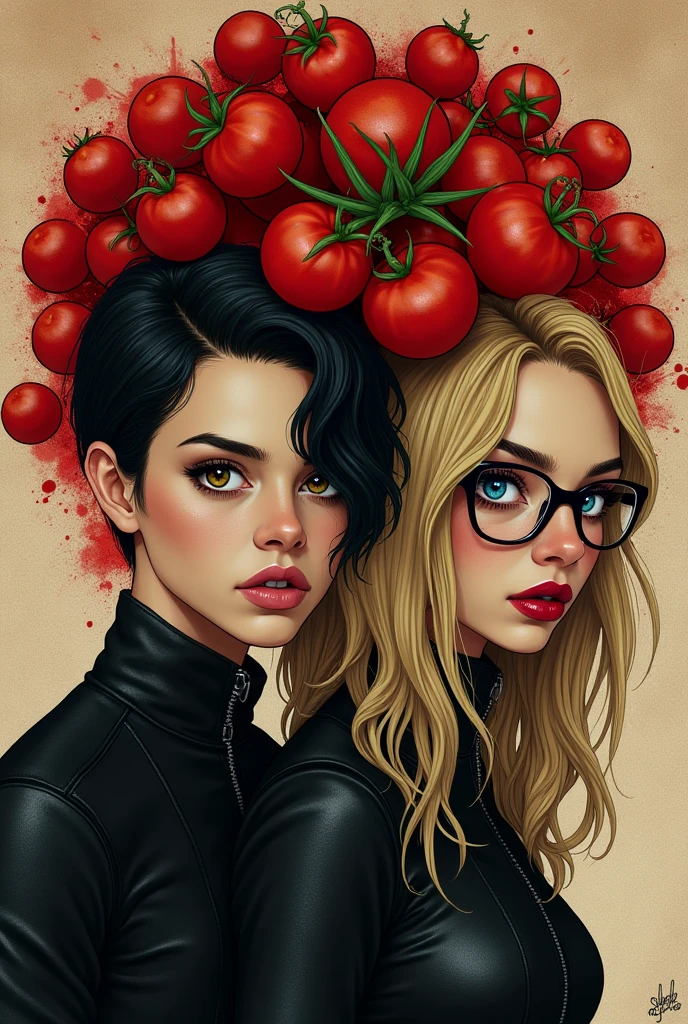 for metal rock band named 'Tomatoes in your Bloody Head', put the nam of the band on the image, with detailed letters. put a brazilian emo girl (with light skin and drak short hair and brown eyes) and a german guy (tall with blonde long hair, blue eyes, wearing glasses) on the imagem. the guy its 190cm, the girl is 157cm
