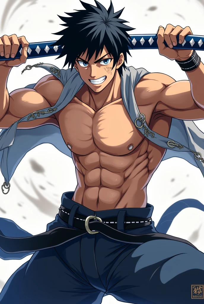 Demon Slayer Screenshot. 
Boy with black hair, white eyes, a scar on his left eye, a smile and a blue and white katana. Muscular body and no shirt and wearing baggy pants with an erection. 
