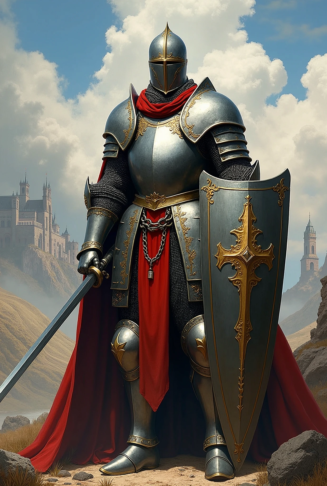 1knight standing in full armor could be:
"Illustrate a scene of a medieval knight standing proudly in full armor. The knight is clad in a suit of shining metal armor, including arm armor, leg armor, and a helmet. The intricate details of the armor, such as the chainmail, plate armor, and decorative motifs, should be prominently featured. The knight stands tall with a shield in one hand and a sword in the other, exuding a sense of bravery and valor. The background should evoke a medieval setting, with a castle or battlefield in the distance, enhancing the knight's noble and heroic presence.
