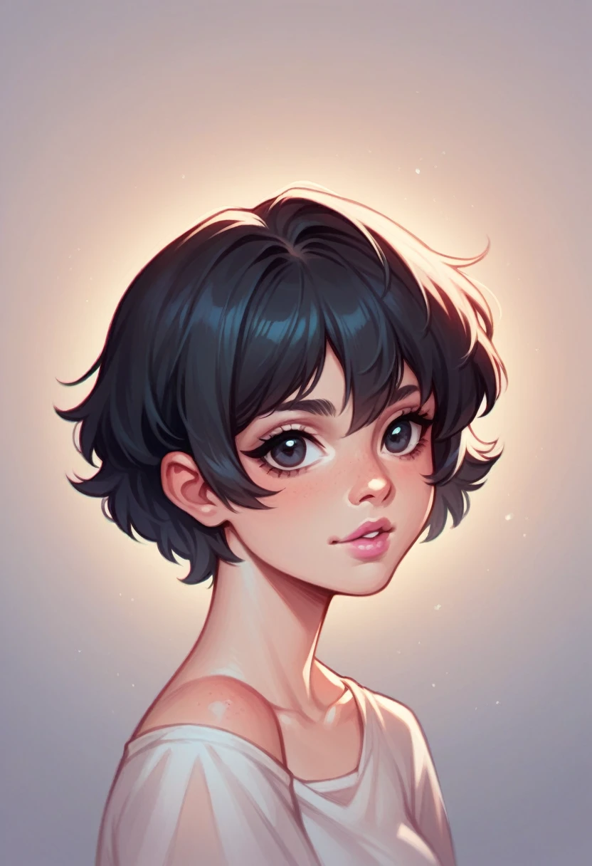Caucasian female, short black hair that falls over the eyes, pink lips, sweet look, cute and beautiful