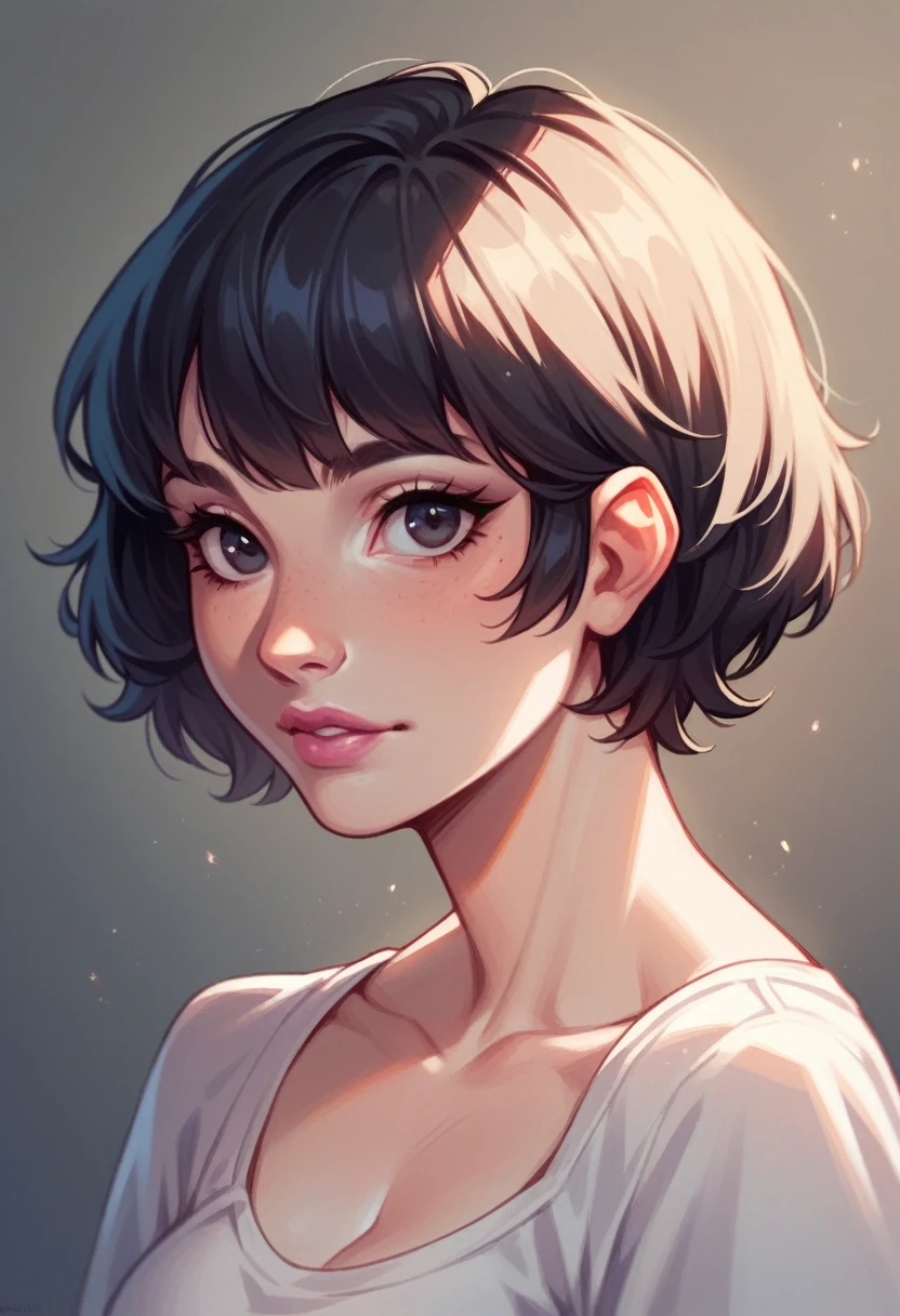 Caucasian female, short black hair that falls over the eyes, pink lips, sweet look, cute and beautiful