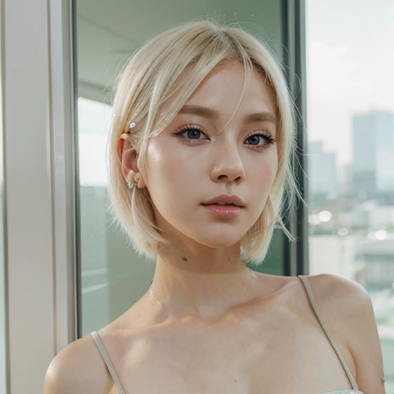 A kpop idol with platinum blonde hair, clear green eyes, and an elegant presence.