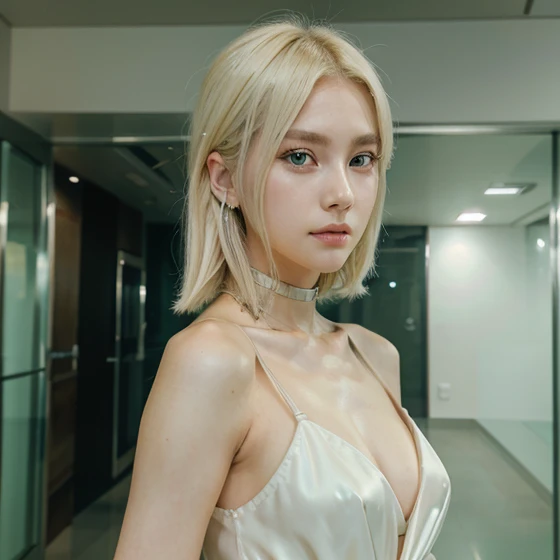 A kpop idol with platinum blonde hair, clear green eyes, and an elegant presence.
