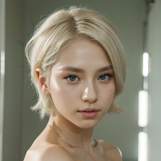 A kpop idol with platinum blonde hair, clear green eyes, and an elegant presence.