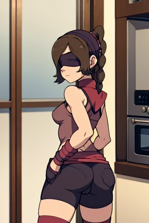 girl in spandex booty shorts, wearing oven mittens tucked in pockets, blindfold