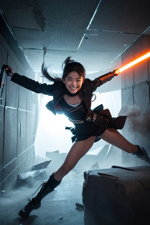 Dual Lightsabre,collapsing wall,Flying debris,A strong smile