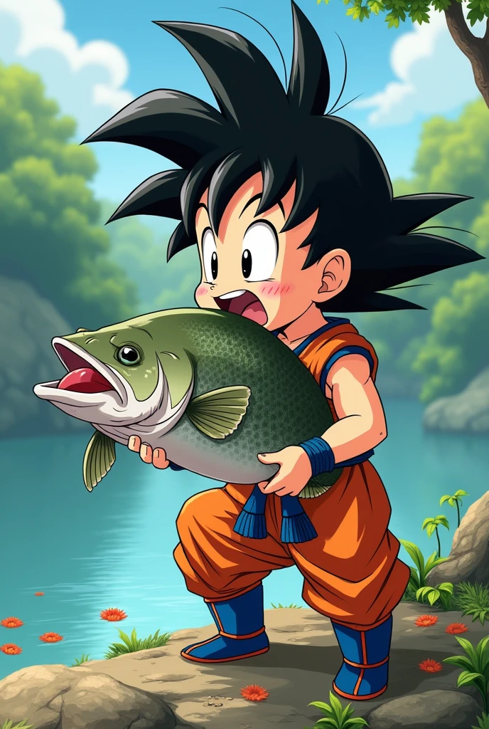 Goku kid eating a giant fish looking at the river