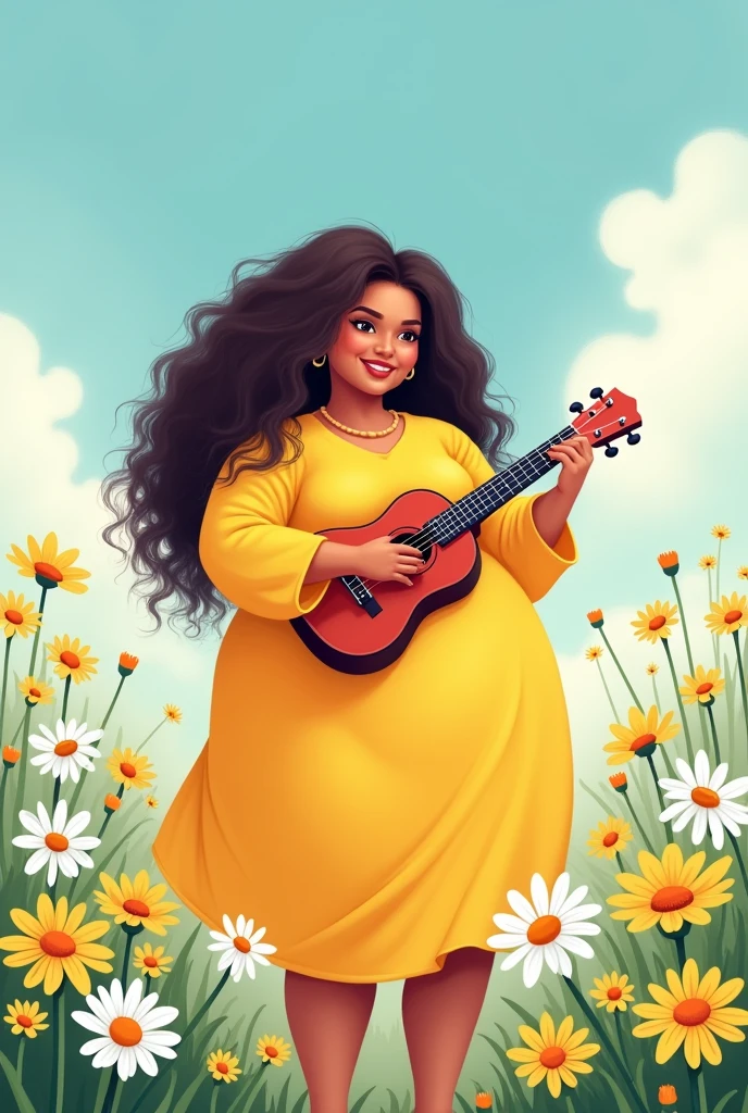i want a chubby fatty very healthy girl cartoon who has very long most curly hair. she should wear a yellow dress and playing ukulele. the background should be with white and yellow daisy flowers. boobs should not be too visible and not too big. standing. full sleeve and neck should be cover fully. more fatty. blue sky