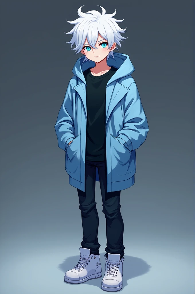Appearance: Solis wears a light blue coat with a hood, similar to Sans's, and a black t-shirt underneath. He also wears dark jeans and white sneakers. His hair is white, short and messy, and his eyes are a bright blue that stand out on his face.