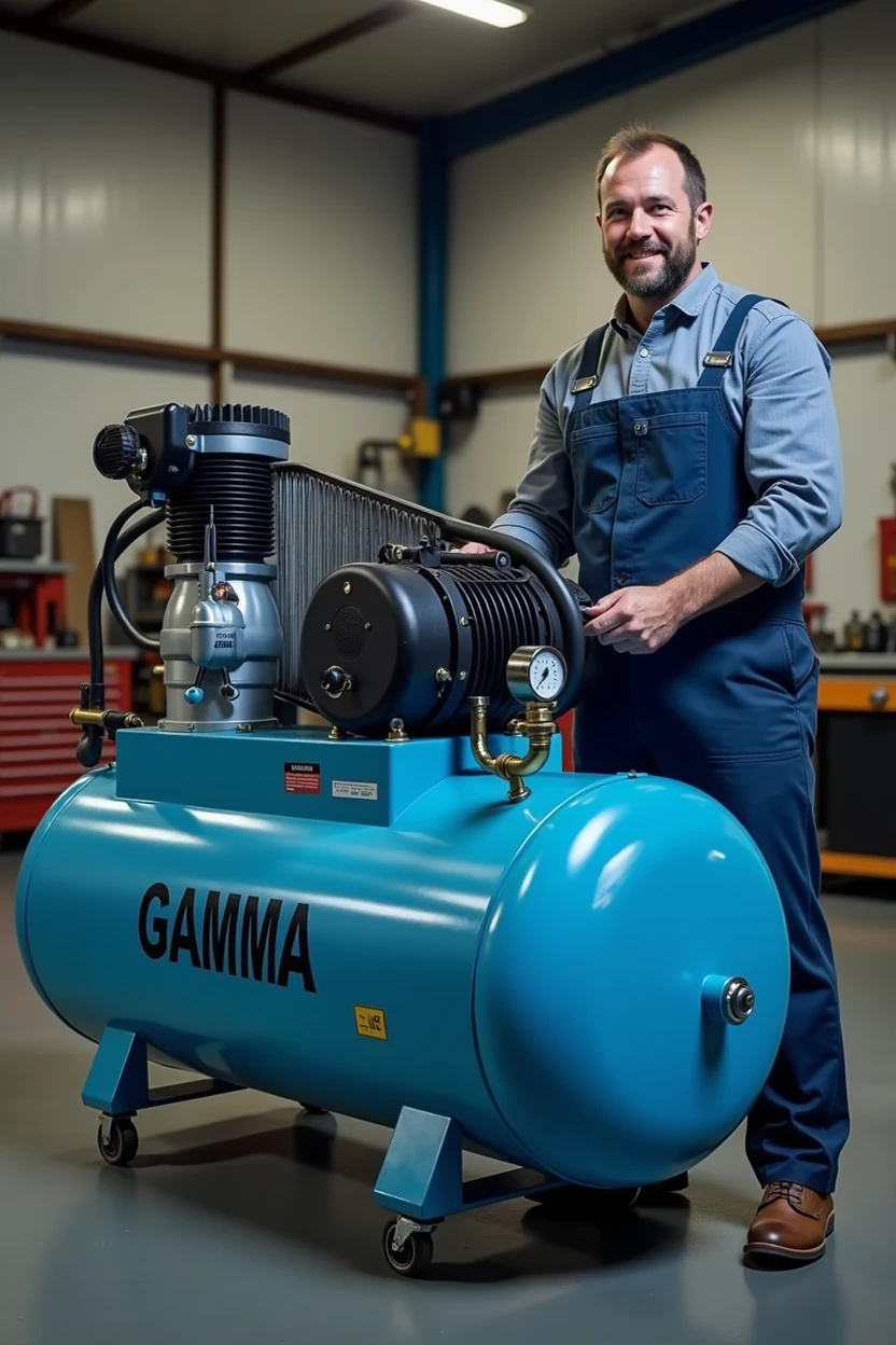 A mechanic using the light blue GAMMA brand air compressor written in black, with a 100L tank , 3hp power, Double belt head in a workshop, with an expression of satisfaction. and 8K