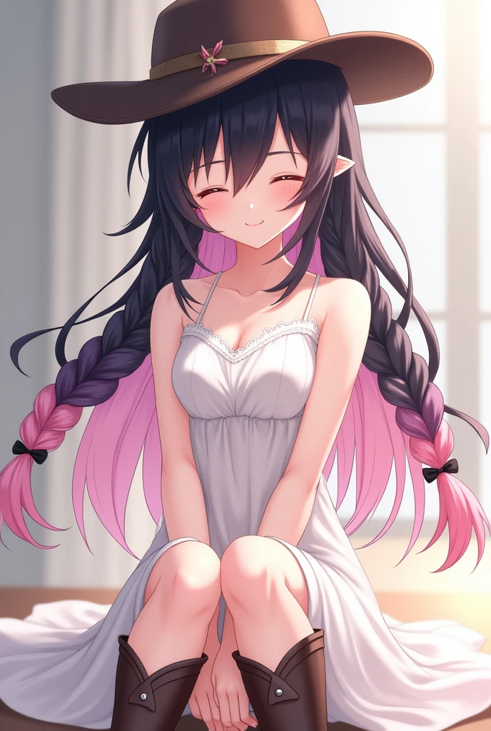 work of art, good quality, very aesthetic, columbina /(:genshin impact:)/ long black hair with pink coming out just from the nape of the neck to the ends, braided pigtails, white dress with spaghetti straps above the knees, cowboy boots, cowboy hat, pale skin, closed eyes, small breasts