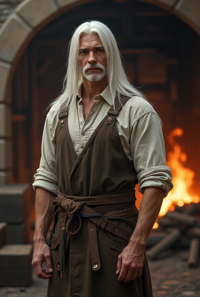 (photorealism:1.2), pale strong lad, standing in front of the forge, wearing blacksmith clothes, long white straight hair, outdoors, soft lighting, forge in background, relaxed pose, realistic, intricate details, warm colors, by Greg Rutkowski, by Alphonse Mucha