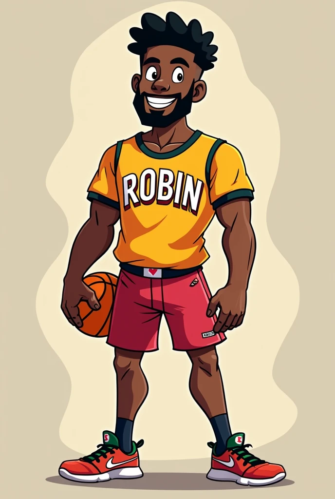 A 23 years age boy with beard
Low black skin tone
with a jersy cartoon art
His jersy name is ROBIN with big Alphabet 4k