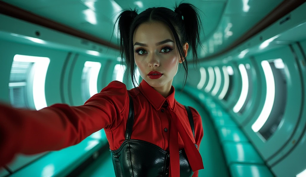 a androgynous feminine man with female makeup and thick wide eyeshadow, intense smoky eyes, shoots a selfie photo in a submarine, wearing a glamorous satin blouse with latex corset and with red tie and glossy leather leggings, futuristic submarine floor in the background