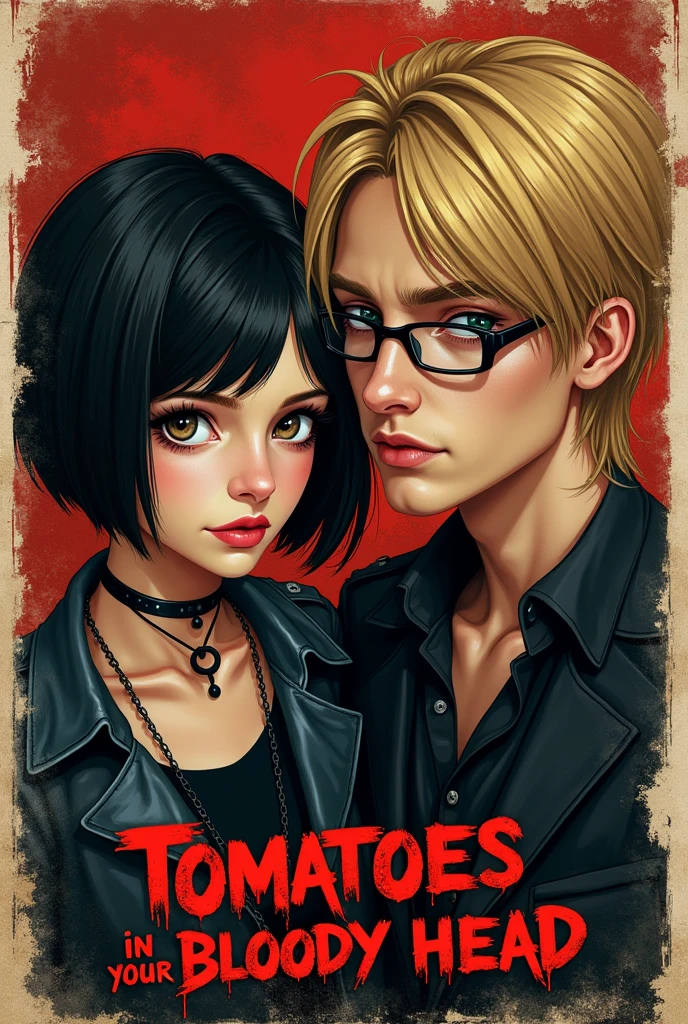 for metal rock band named 'Tomatoes in your Bloody Head', put the nam of the band on the image, with detailed letters. put a brazilian emo girl (with light skin and drak short hair and brown eyes) and a german guy (tall with blonde long hair, blue eyes, wearing glasses) on the imagem.  the guy its 190cm, the girl is 157cm