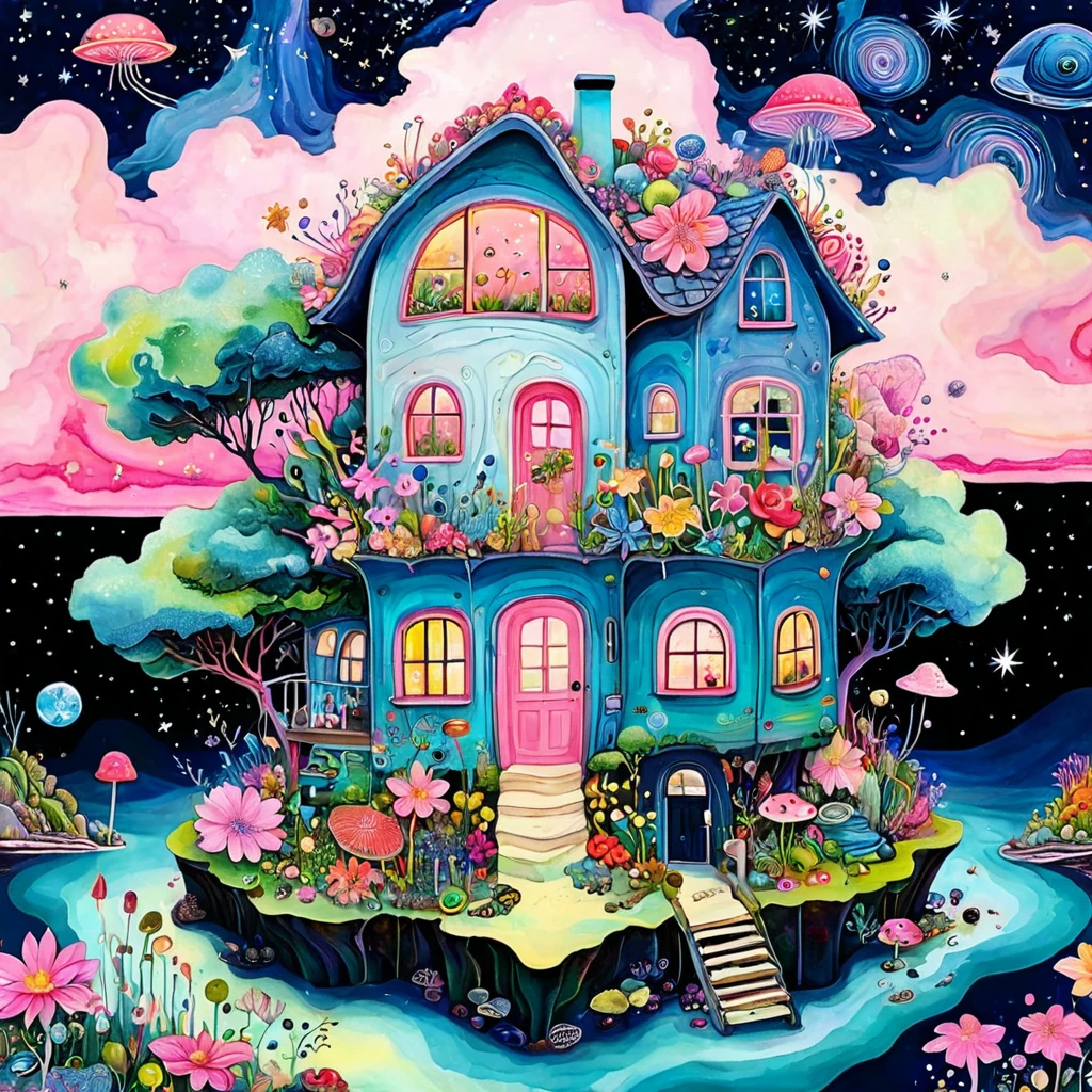 Pink flower house,microorganism、plantar、Marine life、Ojo、starry sky,Stitching an abstract painting,Describing the inner world of autistic people,Sense of space,Blank space,interesting,Innocence,psychedelic art