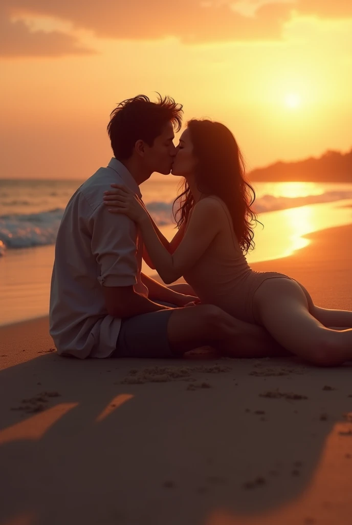 A dark haired couple on a beach, lying in the sand while kissing