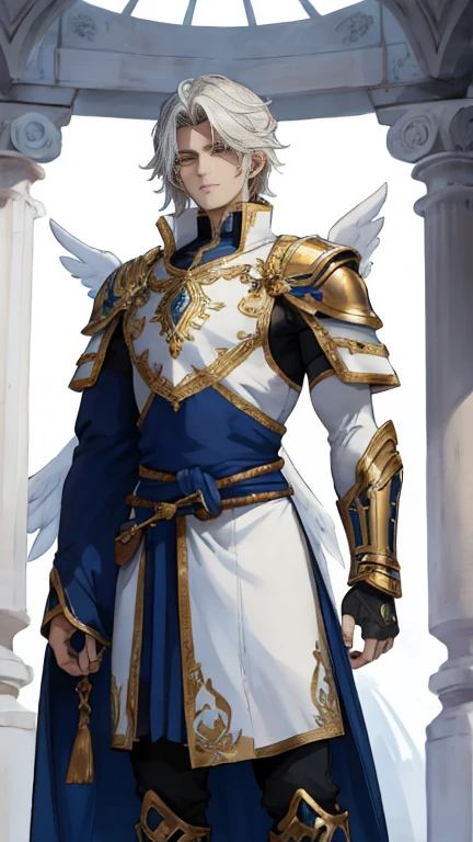 The image features a character who combines human and robotic elements, standing out in a dark environment that intensifies the dramatic and mysterious atmosphere of the scene. The character has a humanoid body, with a head, torso and arms, but his appearance is marked by a metallic coating that reflects a fusion of technology and mysticism. White wings extend from his back, giving him an angelic or supernatural aura. He wears a tunic made of a luxurious and resistant fabric, designed to provide comfort without sacrificing durability in combat. The tunic is a pristine white that symbolizes purity and holiness, with its long, flowing cut reminiscent of the graceful lines of ancient Greek chitons. Intricate blue patterns adorn the shoulders of the garment, adding a touch of nobility to his attire. Beneath this elegant outer layer, the character wears a lightweight yet durable armor that covers his entire body. Made of a unique metal alloy, the armor combines flexibility with robust protection against impacts and blades. Its ingenious design ensures unrestricted mobility while protecting confined areas with effective defense. The harmonious fusion between the elegance of the tunic and the functionality of the armor not only highlights the character's physical power but also reflects his unwavering dedication to high ideals. This philosophy is further emphasized by the choice of serene colors and the style reminiscent of classical heroes; in addition, he wears his armor under the white robes with