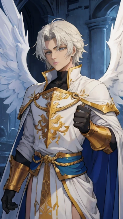The image features a character who combines human and robotic elements, standing out in a dark environment that intensifies the dramatic and mysterious atmosphere of the scene. The character has a humanoid body, with a head, torso and arms, but his appearance is marked by a metallic coating that reflects a fusion of technology and mysticism. White wings extend from his back, giving him an angelic or supernatural aura. He wears a tunic made of a luxurious and resistant fabric, designed to provide comfort without sacrificing durability in combat. The tunic is a pristine white that symbolizes purity and holiness, with its long, flowing cut reminiscent of the graceful lines of ancient Greek chitons. Intricate blue patterns adorn the shoulders of the garment, adding a touch of nobility to his attire. Beneath this elegant outer layer, the character wears a lightweight yet durable armor that covers his entire body. Made of a unique metal alloy, the armor combines flexibility with robust protection against impacts and blades. Its ingenious design ensures unrestricted mobility while protecting confined areas with effective defense. The harmonious fusion between the elegance of the tunic and the functionality of the armor not only highlights the character's physical power but also reflects his unwavering dedication to high ideals. This philosophy is further emphasized by the choice of serene colors and the style reminiscent of classical heroes; in addition, he wears his armor under the white robes with