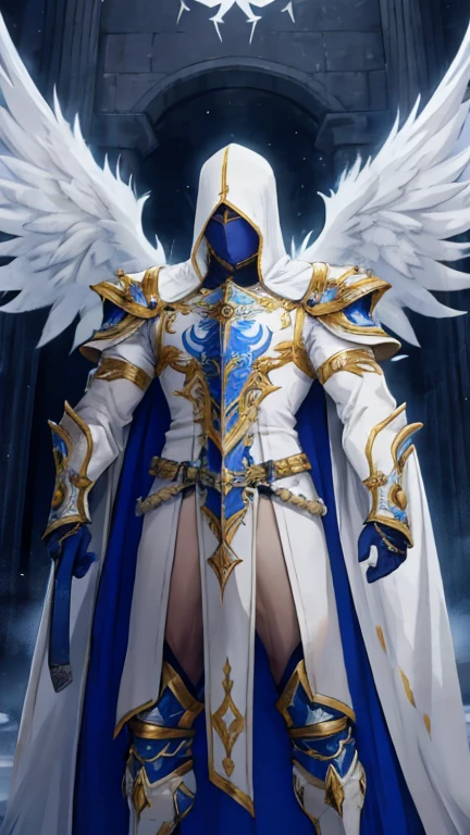 The image features a character who combines human and robotic elements, standing out in a dark environment that intensifies the dramatic and mysterious atmosphere of the scene. The character has a humanoid body, with a head, torso and arms, but his appearance is marked by a metallic coating that reflects a fusion of technology and mysticism. White wings extend from his back, giving him an angelic or supernatural aura. He wears a tunic made of a luxurious and resistant fabric, designed to provide comfort without sacrificing durability in combat. The tunic is a pristine white that symbolizes purity and holiness, with its long, flowing cut reminiscent of the graceful lines of ancient Greek chitons. Intricate blue patterns adorn the shoulders of the garment, adding a touch of nobility to his attire. Beneath this elegant outer layer, the character wears a lightweight yet durable armor that covers his entire body. Made of a unique metal alloy, the armor combines flexibility with robust protection against impacts and blades. Its ingenious design ensures unrestricted mobility while protecting confined areas with effective defense. The harmonious fusion between the elegance of the tunic and the functionality of the armor not only highlights the character's physical power but also reflects his unwavering dedication to high ideals. This philosophy is further emphasized by the choice of serene colors and the style reminiscent of classical heroes; in addition, he wears his armor under the white robes with